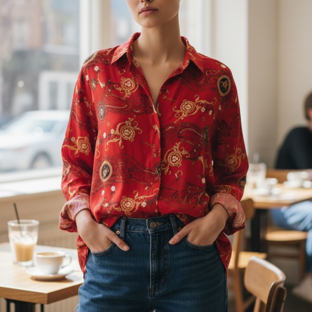 Vintage Stunt Women's Silk Baroque Novelty Button Up Red Shirt, Size Medium‎